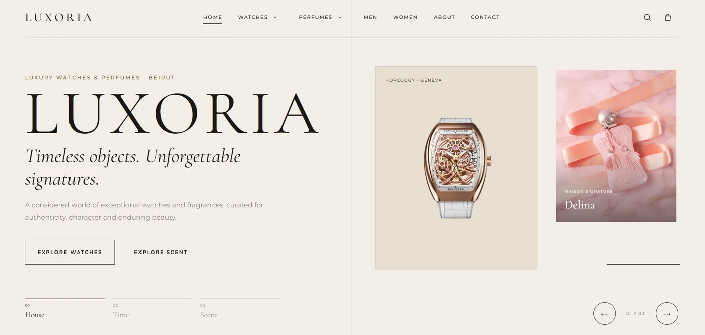 Luxoria home screen featuring watches and fragrances
