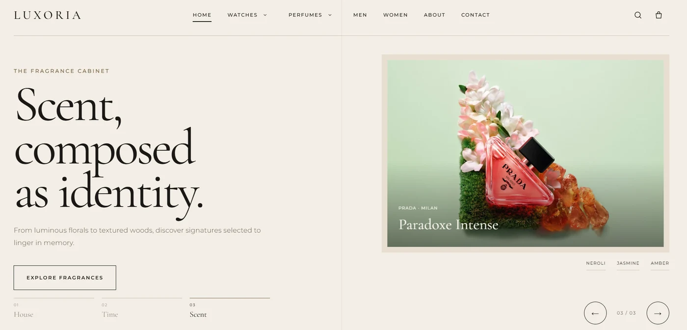 Luxoria fragrance collection screen featuring Prada