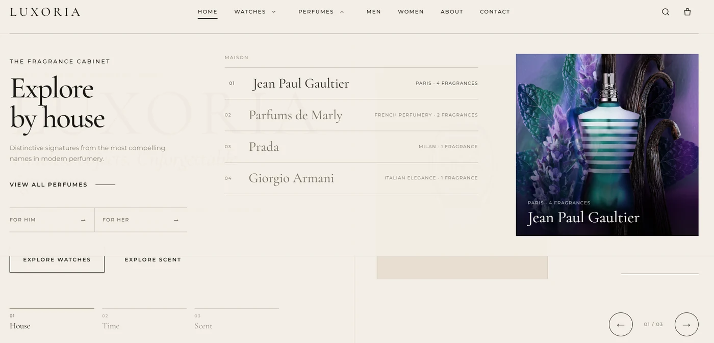 Luxoria fragrance house browsing screen